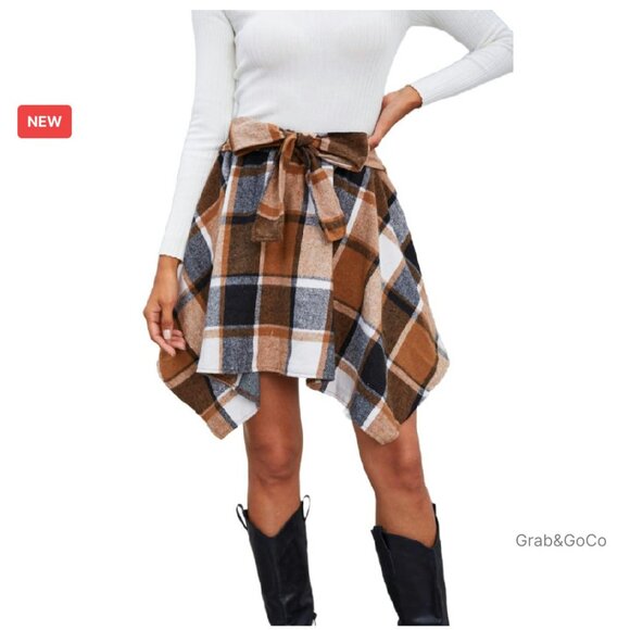 Dresses & Skirts - Plaid Flannel Mini Skirt Bow Tie Front Elastic High Waisted Asymmetrical Chic
